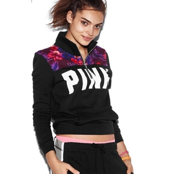 VS PINK Perfect Quarter Zip Black & Floral - Picture 1 of 5